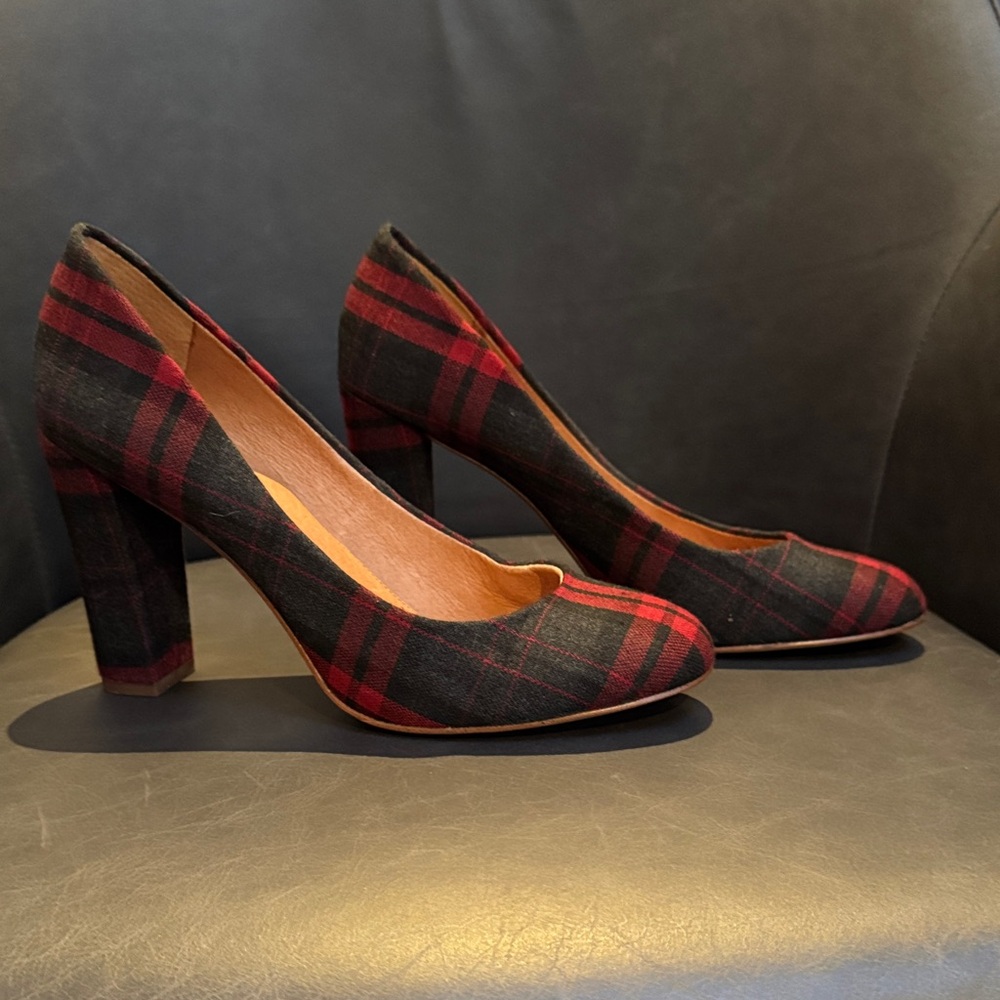 J. Crew Plaid Heels in Black and Red